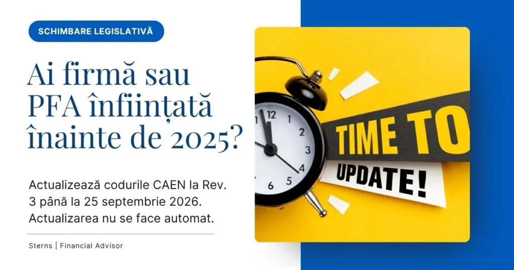 Cover articol Ai firmă sau PFA înființată înainte de 2025? Vezi cine trebuie să actualizeze codurile CAEN Rev.3, ce documente sunt necesare și cum depui cererea la ONRC.