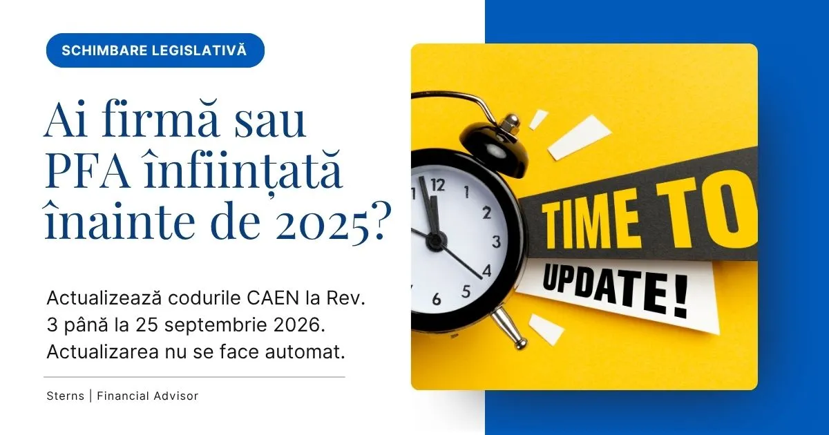 Ai o firmă sau un PFA înființat înainte de 2025? Actualizează codurile CAEN la Rev.3 până la 25 septembrie 2026. Actualizarea nu se face automat. 1 Cover articol Ai firmă sau PFA înființată înainte de 2025? Vezi cine trebuie să actualizeze codurile CAEN Rev.3, ce documente sunt necesare și cum depui cererea la ONRC.
